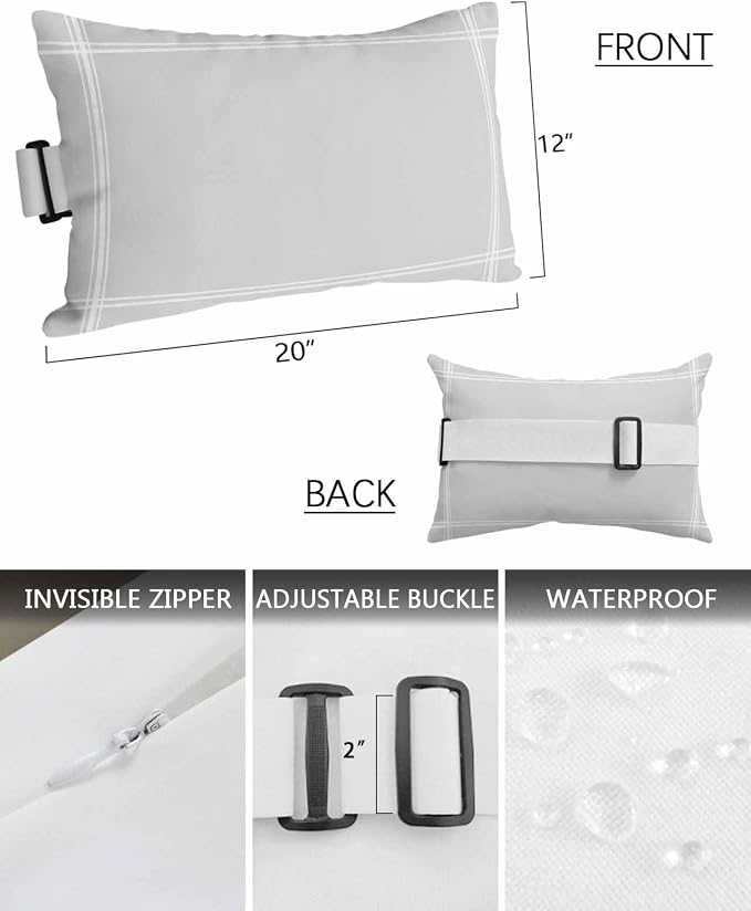 Outdoor Pillow for Lounge Chair with Strap & Insert Solid Color Recliner Head Pillow Light Grey Pearl Grey Waterproof Headrest Patio Lumbar Pillows for Beach Pool Office Chaise Chair 12x20 Inch