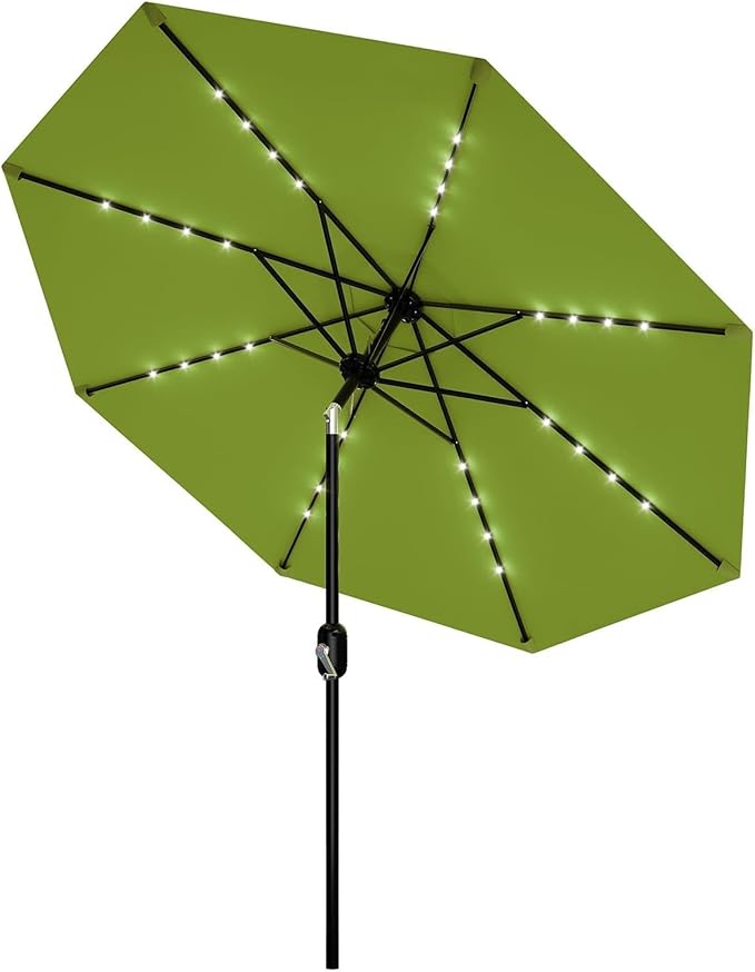 Garvee 9/10 FT Solar Patio Umbrella with 32 LED Lights - Outdoor Table Umbrella with Crank Lift, Push Button Tilt and 8 Sturdy Ribs - Market Umbrella UV Protection for Pool, Deck, Yard, Garden