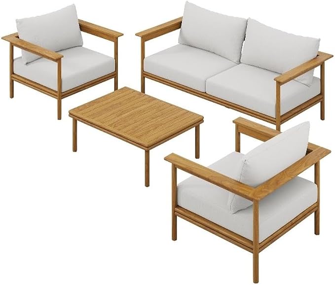 Modway Wren Teak Wood Outdoor Patio 4 Piece Furniture Set in Natural Sail