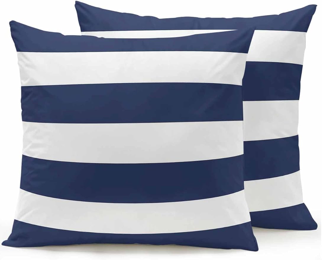 Waterproof Outdoor Pillow Set of 2 Navy Blue Stripe Decorative Throw Pillows Cover & Insert 18x18 Inch Pillowcase Simple Style Striped Square Pillows for Couch Sofa Bed Patio Furniture Indoor Outdoor