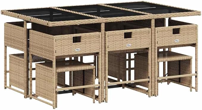 11 Piece Patio Dining Set with Cushions Beige Poly Rattan Outdoor Dining Table and 6 Chairs with Foldable Backrest, Space-Saving Glass Tabletop Garden Furniture Set for Backyard Cream White Cushions