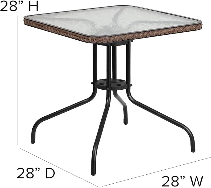 Flash Furniture Lila 28'' Square Glass Metal Table with Dark Brown Rattan Edging and 4 Dark Brown Rattan Stack Chairs