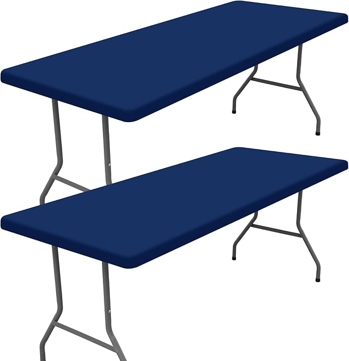 Moosfor Spandex 8 Foot Rectangle Table Cloth 2 Pack, Elastic Fitted Tablecloths for Picnic, Stretch Washable Patio Table Cover for Outdoor, Camping, Banquet and Parties (Navy, 36"x96")