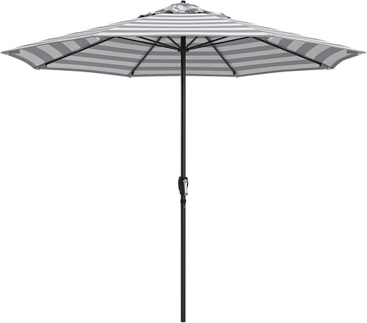 California Umbrella 8-Year Protection 9 Ft Outdoor Patio Umbrella, Solstice Fade-Resistant Fabric, Auto-Tilt, Heavy Duty Aluminum Frame, 8 Reinforced Ribs for Pool or Deck, Black Pole, Gray White Cabana Stripe