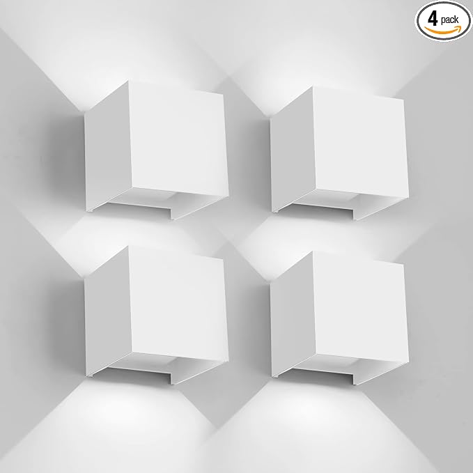 Mille Lucciole 12W 4Pack Outdoor Wall Lights Exterior/Interior,LED White Outdoor Wall Sconces Light Fixtures Modern,IP65 Waterproof Square Aluminum Wall Lamps, Up and Down Lights 6500K Cold Lights