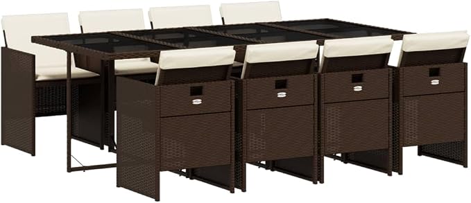 9 Piece Patio Dining Set with Cushions Brown Poly Rattan Outdoor Table and 8 Folding Chairs for Garden Backyard Porch Tempered Glass Top UV Proof