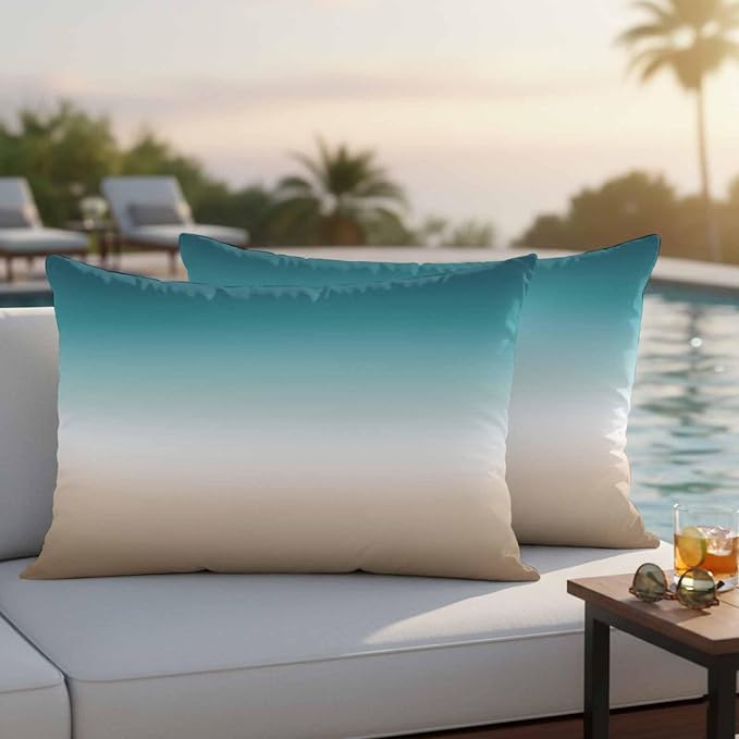 Outdoor Pillow Covers Set of 2, Teal to Khaki Gradient Art Decorative Throw Pillow Covers 20X12IN, Turquoise Watercolor Style Throw Pillows Protector Cushion Case for Patio,Couch,Sofa,Garden
