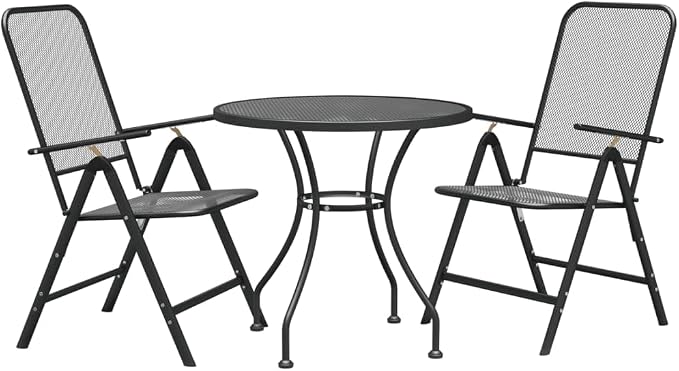 Outdoor Dining Set 3 Piece Expanded Metal Mesh with Foldable Chairs Adjustable Backrest for Patio Garden Backyard Balcony Porch Anthracite