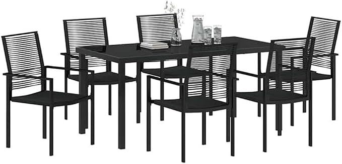 Afuera Living 7-Piece Patio Dining Set, Powder-Coated Steel Frame, Black Finish, UV-Resistant Materials, Includes Rectangular Table and Armrest Chairs, Outdoor Garden or Patio Furniture for 6-Person