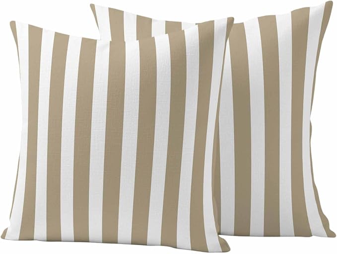 Beige Striped Outdoor Waterproof Throw Pillow Covers 18x18 Set of 2, Modern Farmhouse Beige White Stripes Decorative Pillowcases Cushion Pillowcase for Couch Sofa Patio Outside Pillow Protector