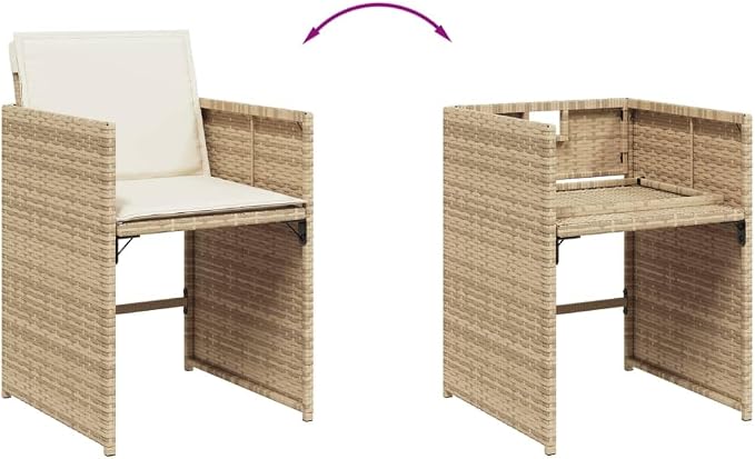 9 Piece Patio Dining Set with Cushions Beige Poly Rattan Outdoor Furniture Table and 8 Folding Chairs with Removable Cushion Covers for Backyard Garden Poolside
