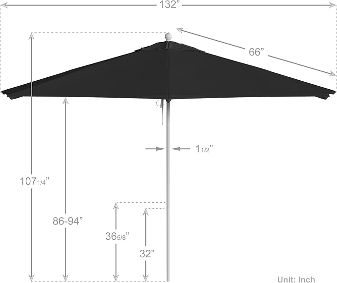 California Umbrella 11Ft Commercial Grade Market Umbrella, Pulley Lift, Aluminum/Fiberglass, 2mm pole wall, White Frame, Solution Dyed Black Fabric