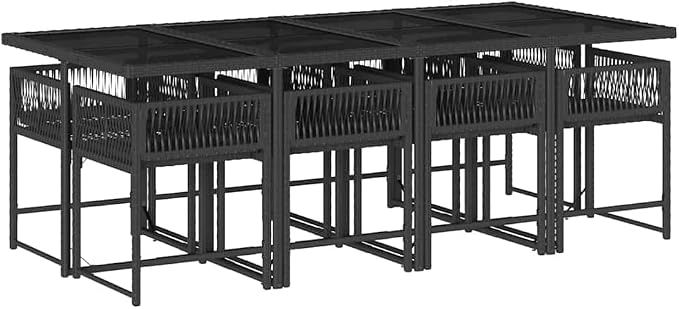 9 Piece Patio Dining Set for 8, Outdoor Poly Rattan Garden Table and Chairs with Cushions, Space-Saving Foldable Furniture for Backyard Deck