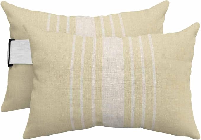 Pack of 4 Outdoor Lumbar Pillow Covers 11x16 Inch, Cream Beige Striped Waterproof Throw Pillow Covers Set, Modern Farmhouse Retro Lines Indoor&Outdoor Decorative Cushion Cases for Patio Porch Beach