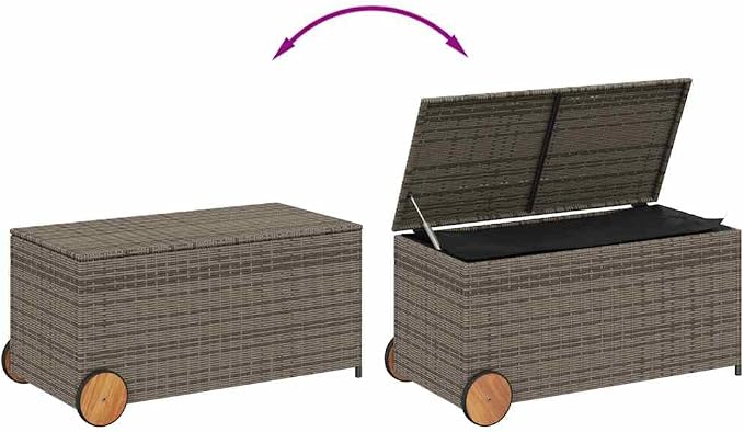 Large 50.4 Gallon Garden Storage Box with Wheels, Grey PE Rattan Woven Outdoor Patio Storage for Cushions and Blankets