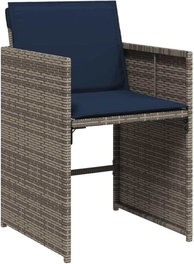 11 Piece Garden Dining Set with Cushions Grey Poly Rattan Outdoor Patio Furniture Table and 6 Chairs with Foldable Backrest, UV Resistant Tempered Glass Top, Space Saving for Backyard