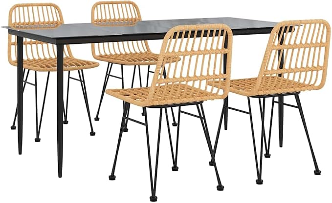 5 Piece Patio Dining Set Poly Rattan Outdoor Furniture with Tempered Glass Table and 4 Chairs, Weather Resistant PE Rattan Wicker Dining Table and Chairs for Garden Backyard Poolside, Black