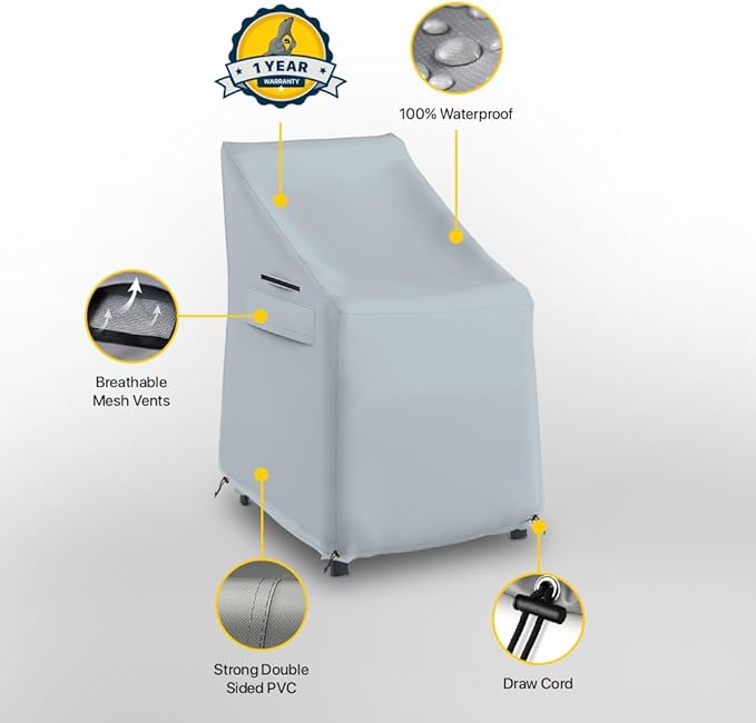 Seal Skin Covers Waterproof High-Back Chair Cover, Heavy Duty Outdoor Furniture Cover with Drawstring, Air Vent, Durable Fabric (Gray, 35" L x 28W x 35" H)