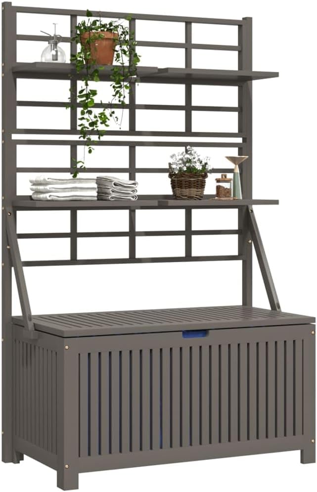 Large Garden Tool Storage Box with Built-in Trellis, Rustic Outdoor Storage Box with Trellis, Weatherproof Acacia Wood for Garden, Solid Acacia Wood