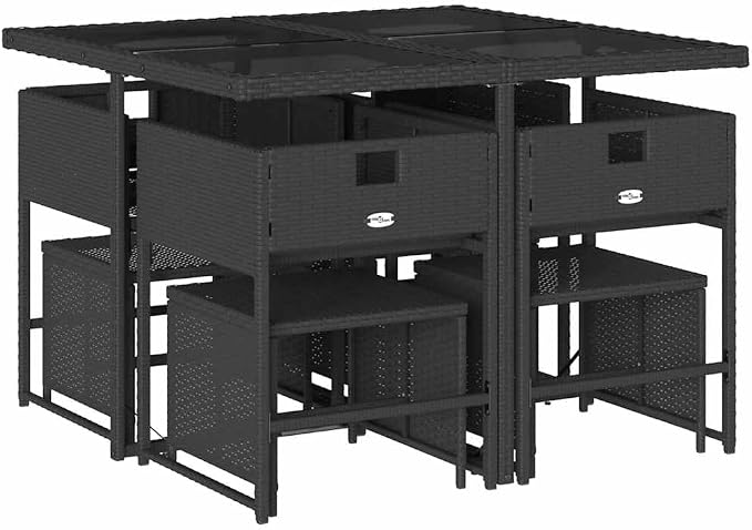 9-Piece Garden Dining Set, Black and Cream White Rattan Patio Furniture Set with Stackable Chairs, Cushions and Table Cover for Backyard, Deck and Terrace