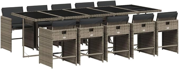 11 Piece Outdoor Patio Dining Set with Cushions Gray Poly Rattan Table and 10 Chairs for Garden Backyard Deck Relaxation UV Proof Tempered Glass