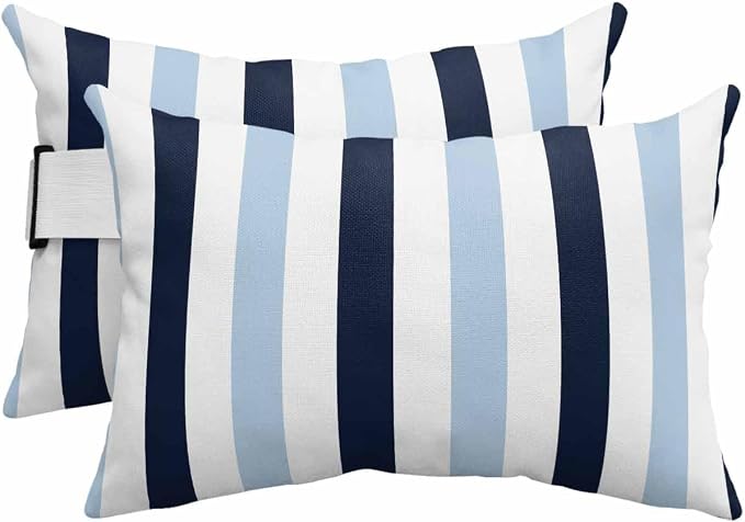 Pack of 2 Outdoor Lumbar Pillow Covers 11x16 Inch, Navy Blue Aqua Striped Waterproof Throw Pillow Covers Set, Farmhouse Stripe Art Indoor&Outdoor Decorative Cushion Cases for Patio Porch Beach