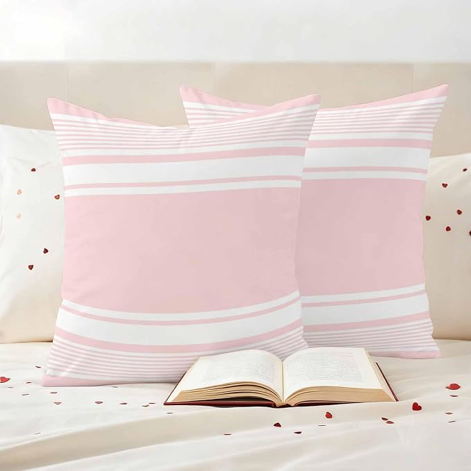Outdoor Waterproof Throw Pillow Covers, Pink Striped Decorative Pillow Cases, Modern Color Block Farmhouse Stripes Couch Pillow Protector Patio Sofa Cushion Covers Replacement 18"x18" 2 Pack