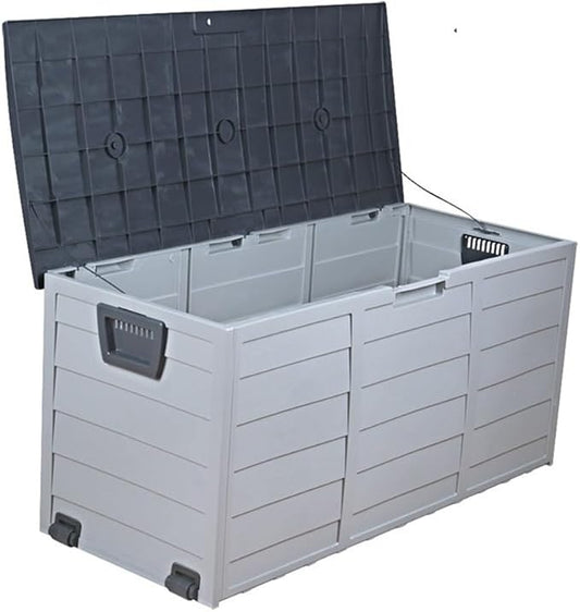 Plastic Outdoor Storage Box with Wheels, Movable Deck Box for Patio, Water-Resistant Tool Chest Cabinet, Portable Storage Bin for Garden, Yard and Balcony(Gray)