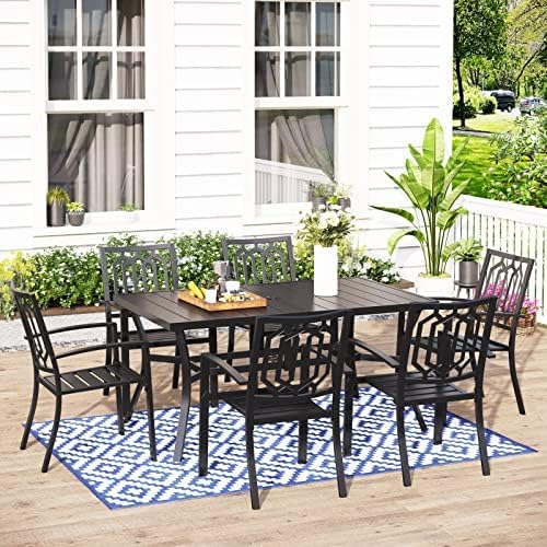 MFSTUDIO Patio Table and Chairs Set, Outdoor Dining Set for 6 with Umbrella Hole, 7 Piece Metal Patio Dining Set for Deck, Backyard, Poolside & Garden