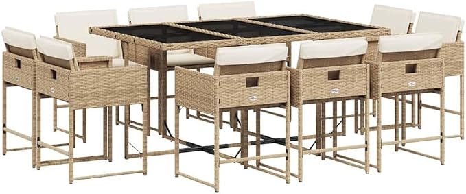 11 Piece Patio Dining Set with Cushions Beige Poly Rattan Outdoor Dining Table and 10 Chairs for Garden Backyard Porch Tempered Glass Top Space-Saving Foldable Seats UV-Proof