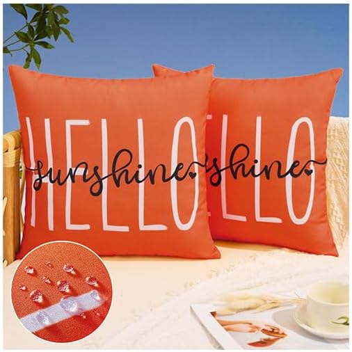 DFXSZ Dirty Orange Outdoor Waterproof Pillow Covers 20x20 Set of 2 | Hello Sunshine Decor Summer Fall Polyester Pillow Covers(NO INSERTS)| Decor for Patio Funiture Garden Sofa Couch