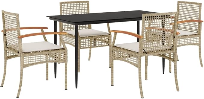 5 Piece Garden Dining Set, Beige PE Rattan Patio Furniture with 4 Cushioned Chairs and Rectangular Tempered Glass Table, Modern Outdoor Wicker Dining Set for Backyard and Terrace