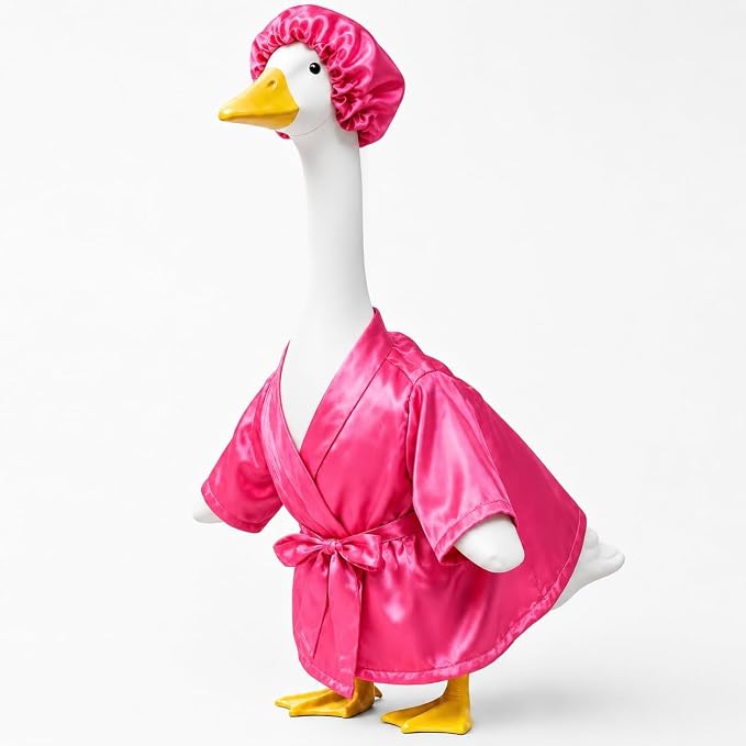 holoith Porch Goose Outfit for 23 Inch Concrete Cement Goose Statue | Lady Bathrobe Goose Clothes Set with Pink Bathrobe & Shower Cap, Summer Goose Costume for Lawn Yard Garden Patio Decor
