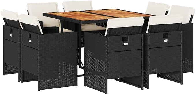 9-Piece Garden Dining Set, Patio Furniture Set with 8 Rattan Chairs and Acacia Wood Table, Outdoor Dining Set for 8 Persons, Black and Brown Dining Set for Backyard and Terrace