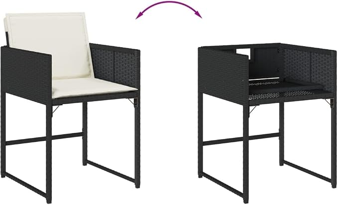 5 Piece Patio Dining Set with Cushions Black Poly Rattan Outdoor Furniture Foldable Chairs Acacia Wood Table for Garden Backyard Deck Relaxation UV-Proof Space-Saving