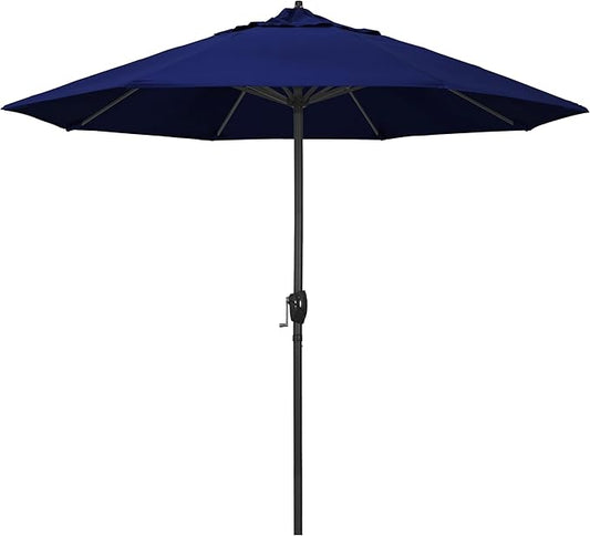 California Umbrella 12-Year Protection 9' Rd Aluminum Patio Umbrella, Crank Lift, Auto Tilt, Black Finish, Sunbrella True Blue