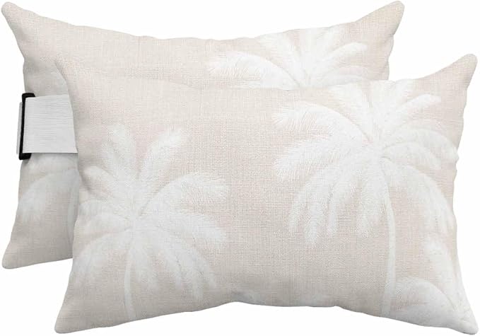 Pack of 2 Outdoor Lumbar Pillow Covers 12x20 Inch, Cream Palm Trees Waterproof Throw Pillow Covers Set, Farmhouse Tropical Summer Beach Indoor&Outdoor Decorative Cushion Cases for Patio Porch Car