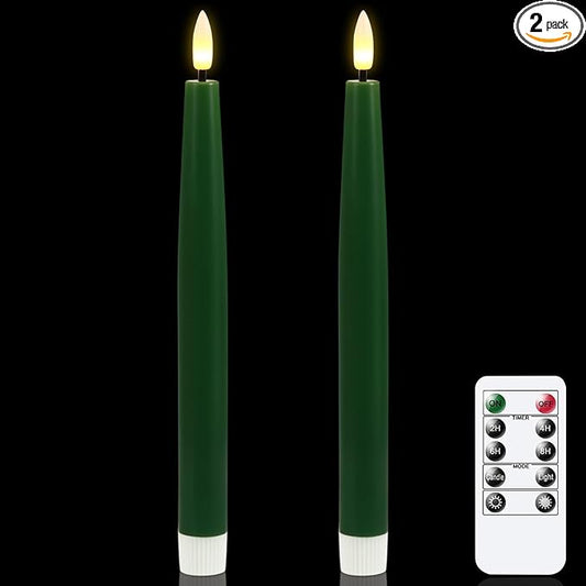 GenSwin Flameless Taper Candles with Remote Timer, Real Wax LED Flickering Candlesticks Battery Operated 3D Wick for Wedding, Party, Home(Christmas Green, 9.84", Set of 2)