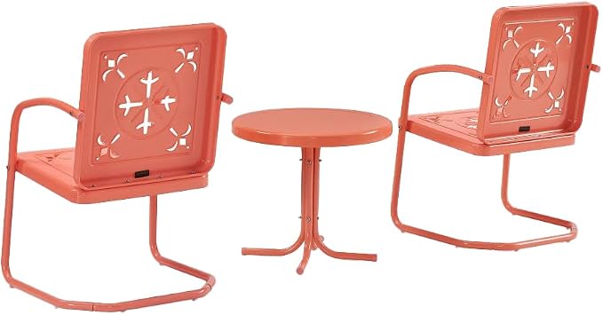Crosley Furniture Azalea 3-Piece Vintage Outdoor Chair and Side Table Set, Retro Metal Patio Conversation Sets, Coral Gloss