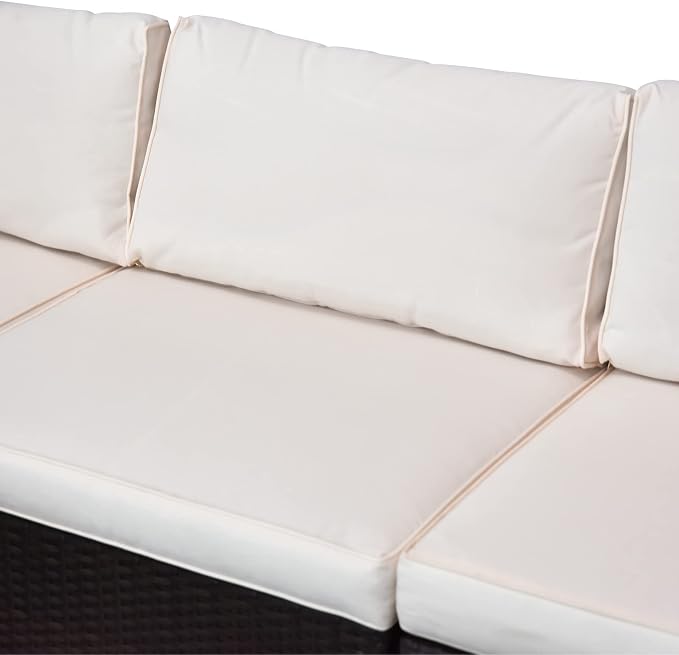 Outsunny 5-Piece Patio Furniture Set with Cushions, Outdoor PE Rattan Wicker Sofa Set, Sectional Furniture with Pillows, Glass Coffee Table for Garden, Backyard, Brown/Cream White