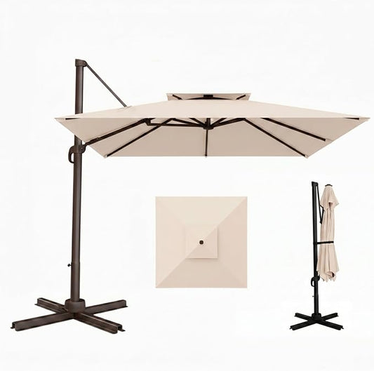 10'×10' Patio Umbrella, Double Top Aluminum Cantilever Umbrella with 360°Rotation, Offset Patio Umbrella with Easy Tilt for Pool Deck Garden Backyard, Beige (Base not Included)