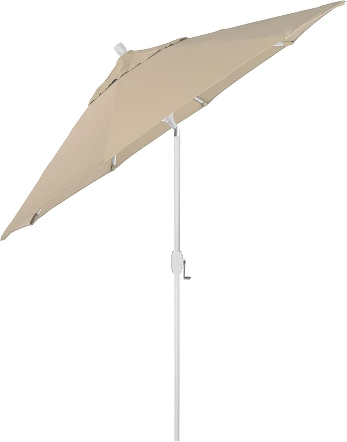 California Umbrella 12-Year-Non-Fading, 9Ft Premium Sunbrella Patio Umbrella, Hand-Crank, Button-Tilt, White Frame, Beige Fabric