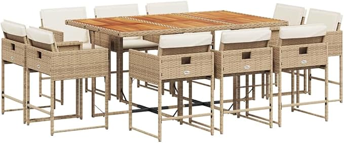 11 Piece Outdoor Dining Set with Cushions Beige Poly Rattan Patio Furniture for Backyard Deck Garden Seats 10 Persons Space Saving Folding Chairs Acacia Wood Table
