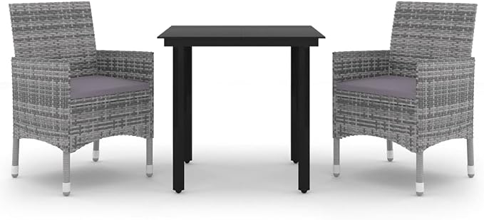 3 Piece Patio Dining Set with Cushions Poly Rattan and Glass Outdoor Table and Chairs for Garden Backyard Balcony, Gray Dark Gray Black