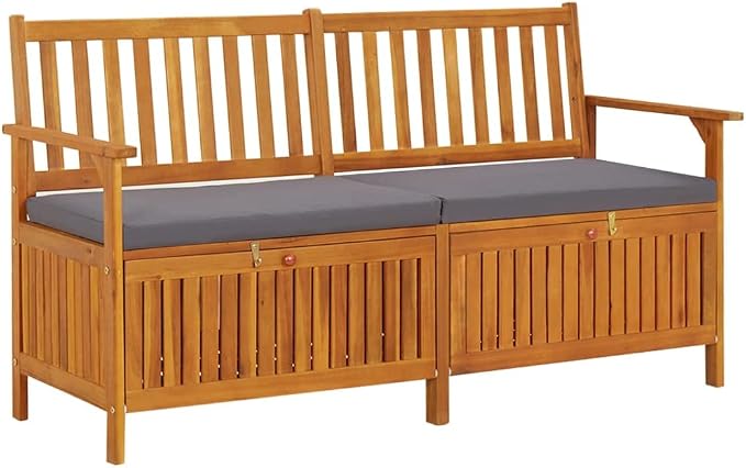 Patio Storage Bench with Gray Cushion, Outdoor Wooden Deck Box, Solid Wood Patio Furniture for Outdoor Cushions, Pool Storage and Garden Tools, 58.3"x24.4"x33.1", -332