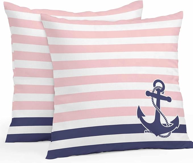 Throw Pillow Covers 18x18 Inch Set of 2, Anchor Pink Waterproof Outdoor Cushion Covers, Modern Navy Blue White Striped Nautical Decorative Pillowcases for Couch, Sofa, Bed, Garden, Patio