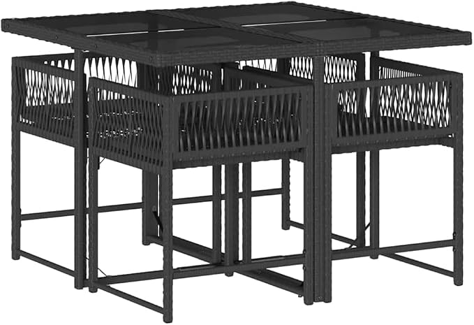 5 Piece Patio Dining Set with Cushions, Black Poly Rattan Outdoor Furniture for Garden Backyard, Space-Saving Foldable Chairs with Cream White Cushions and Tempered Glass Table