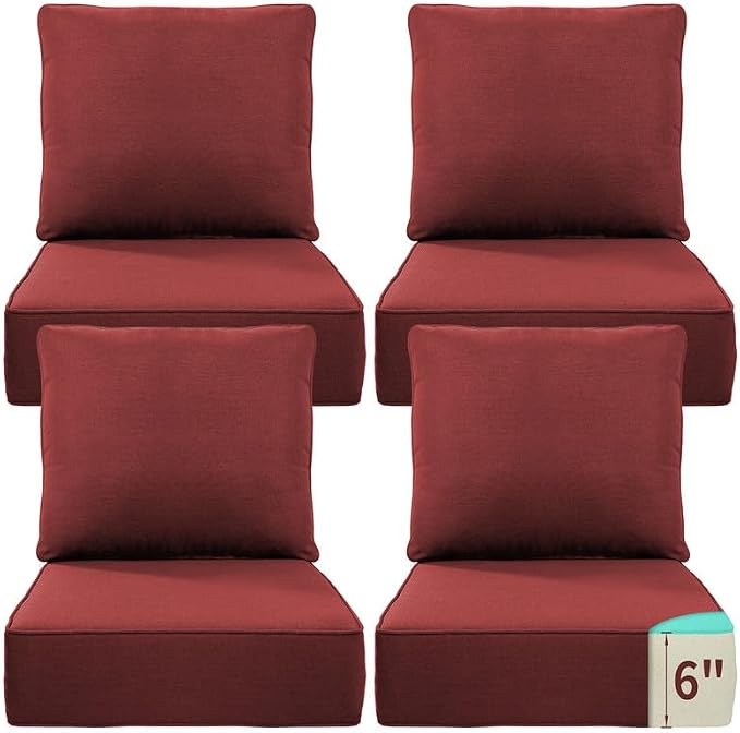 Luxury 22*24*6in Outdoor Patio Cushions, 4 Pieces Red Outdoor Cushion | 6'' Thick Outdoor Cushions, Water-Resistant, Reversible, Removable Cover, for Patio Chairs Sofa Couch Loveseat