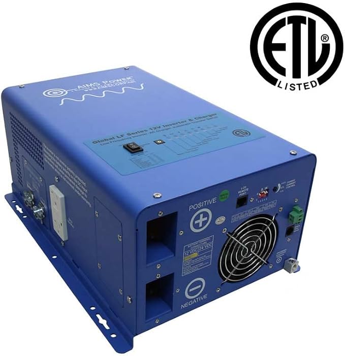 AIMS Power 1000 Watt 12 VDC Pure Sine Inverter Charger 120 VAC Output 35A Charger 30A Transfer Switch ETL Cert to UL458 Standards PICOGLF10W12V120V