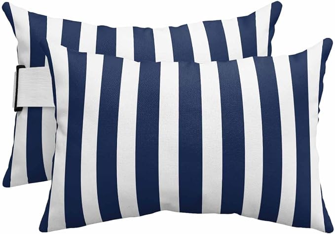 Lumbar Pillow Covers Set of 4, Navy Blue Striped Waterproof Outdoor Chaise Lounge Pillow Covers with Elastic Strap, Modern Farmhouse Blue White Stripes Headrest Pillowcase for Patio, 11 x 16